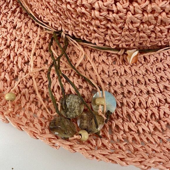 Hat Stuff Pink Woven Floppy Wide Brim Hat Shell Beaded Band Womens OS Bohemian - Picture 8 of 8
